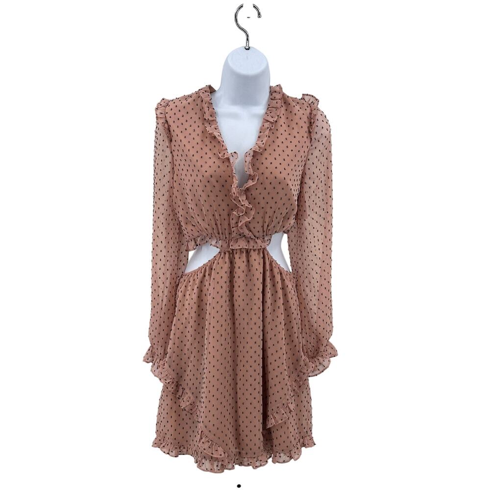 WAYF Pink Dress/ Gray Specs Ruffled Mini Small Cutouts V-neck Short Baby Doll